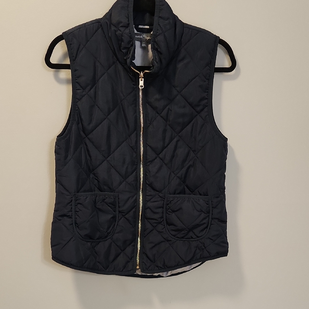 Market & Spruce Navy Quilted Puffer Vest Diamond Stitch Zip Front‎ Size M Casual